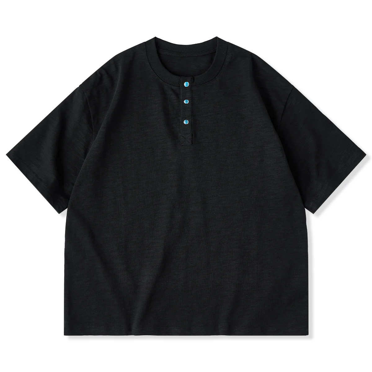 320g　ターコイズ風スナップボタン付きコットンスラブヘンリーTシャツ - Image 2