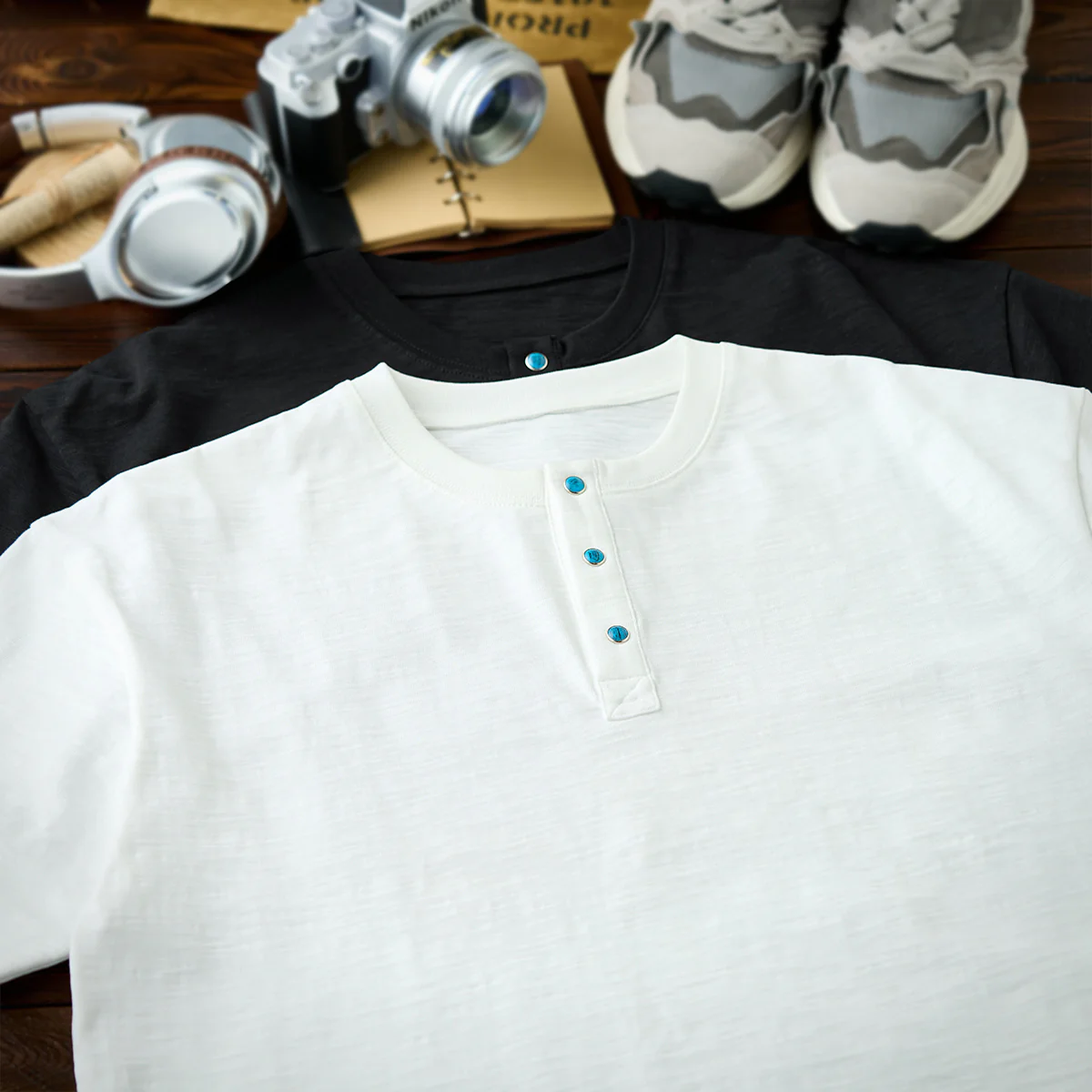 320g　ターコイズ風スナップボタン付きコットンスラブヘンリーTシャツ - Image 5