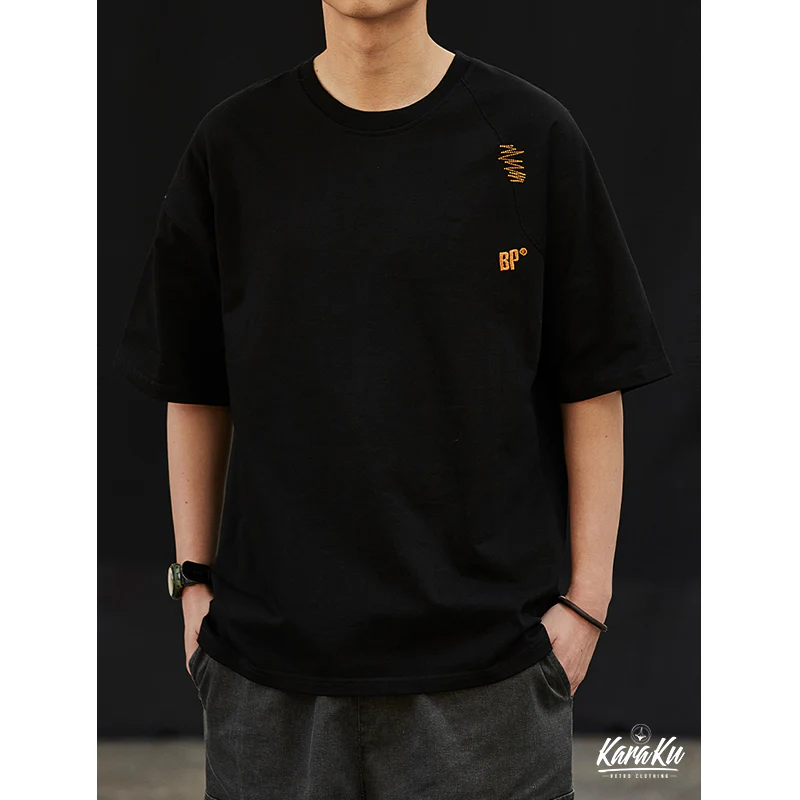 刺繡入り 不規則ステッチコットンTシャツ - Image 9
