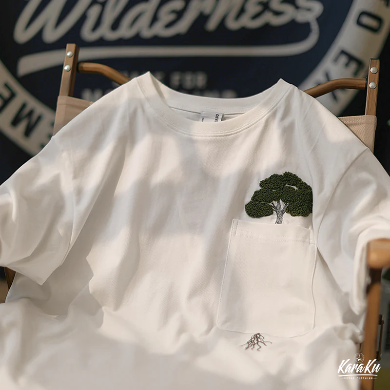 「木はポケットの中で育つ」サガラ刺繍コットンTee - Image 14