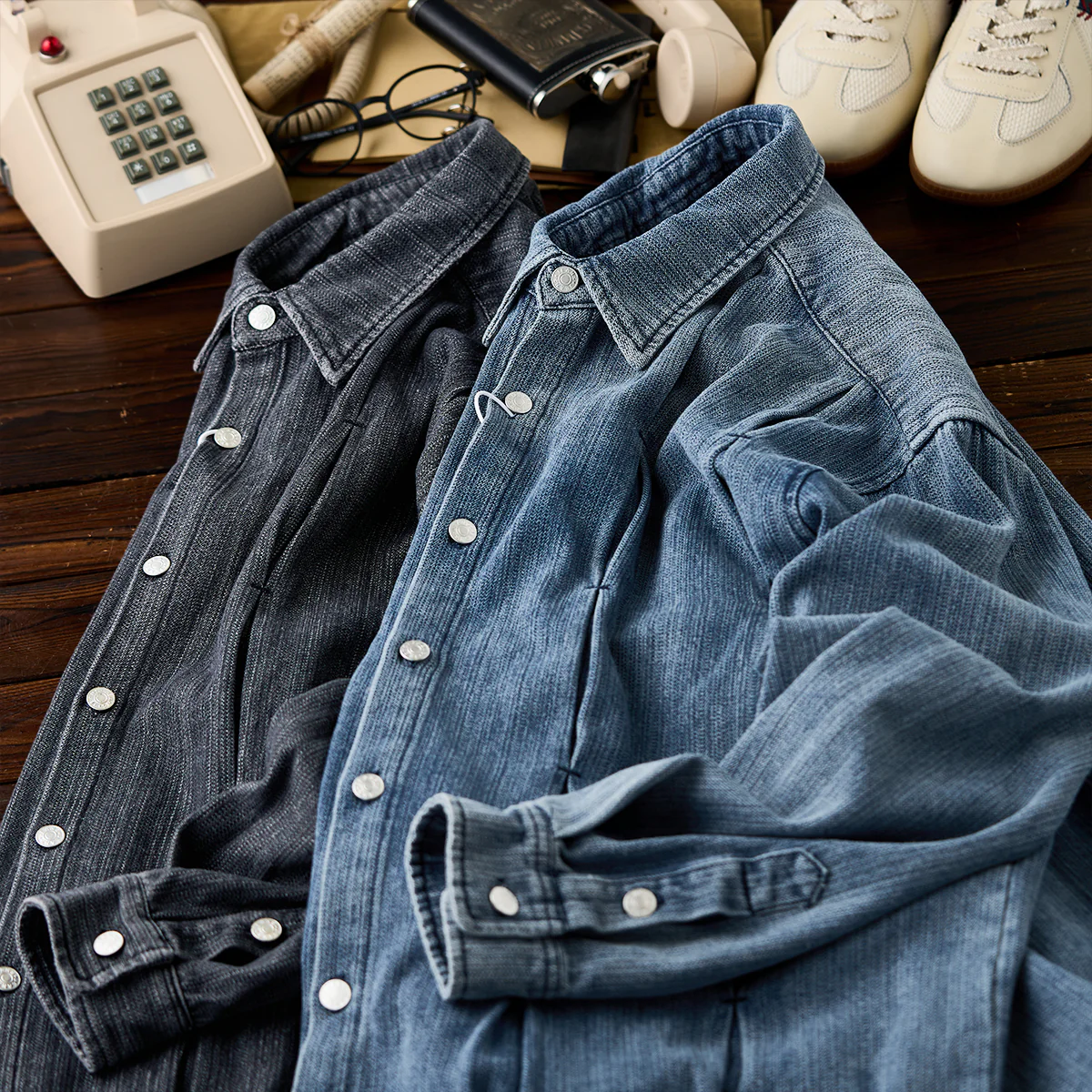 つまみステッチ加工 ウォッシュデニム長袖シャツ - Image 6