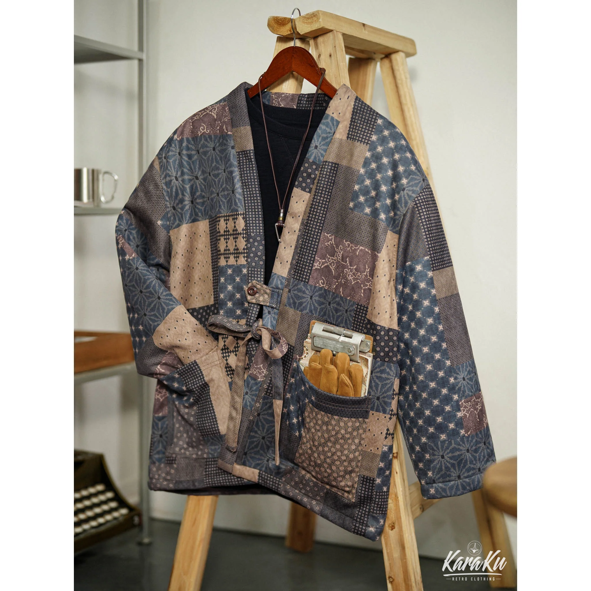 古布ボロパーチワーク風 裏キルト中綿入り半纏 - Image 5