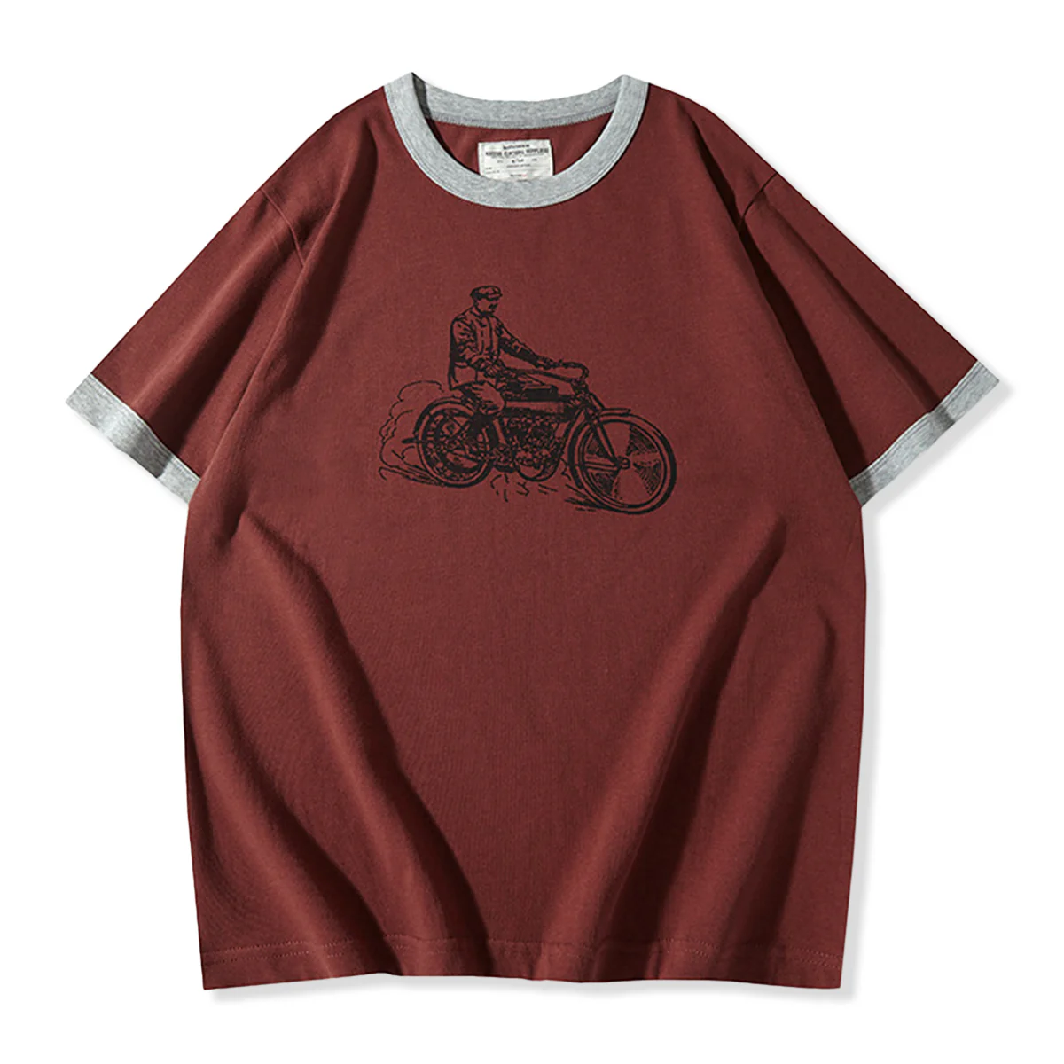 210gヘビーウェイト 手描き風バイクプリントリンガーTシャツ - Image 5