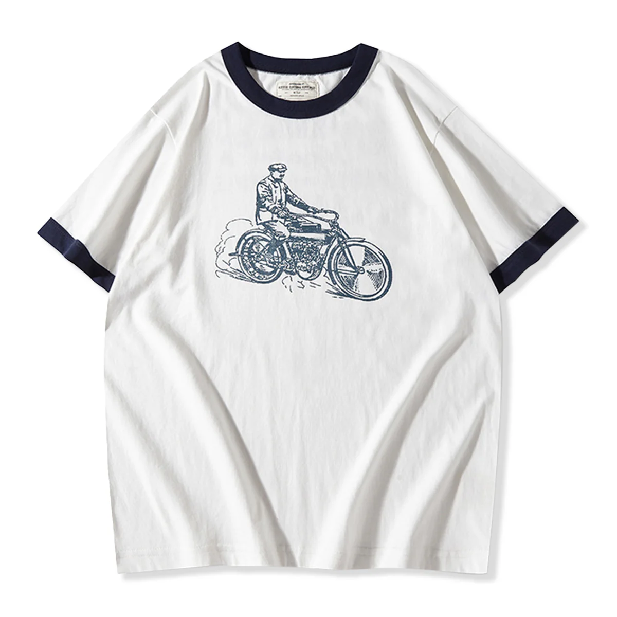 210gヘビーウェイト 手描き風バイクプリントリンガーTシャツ - Image 7