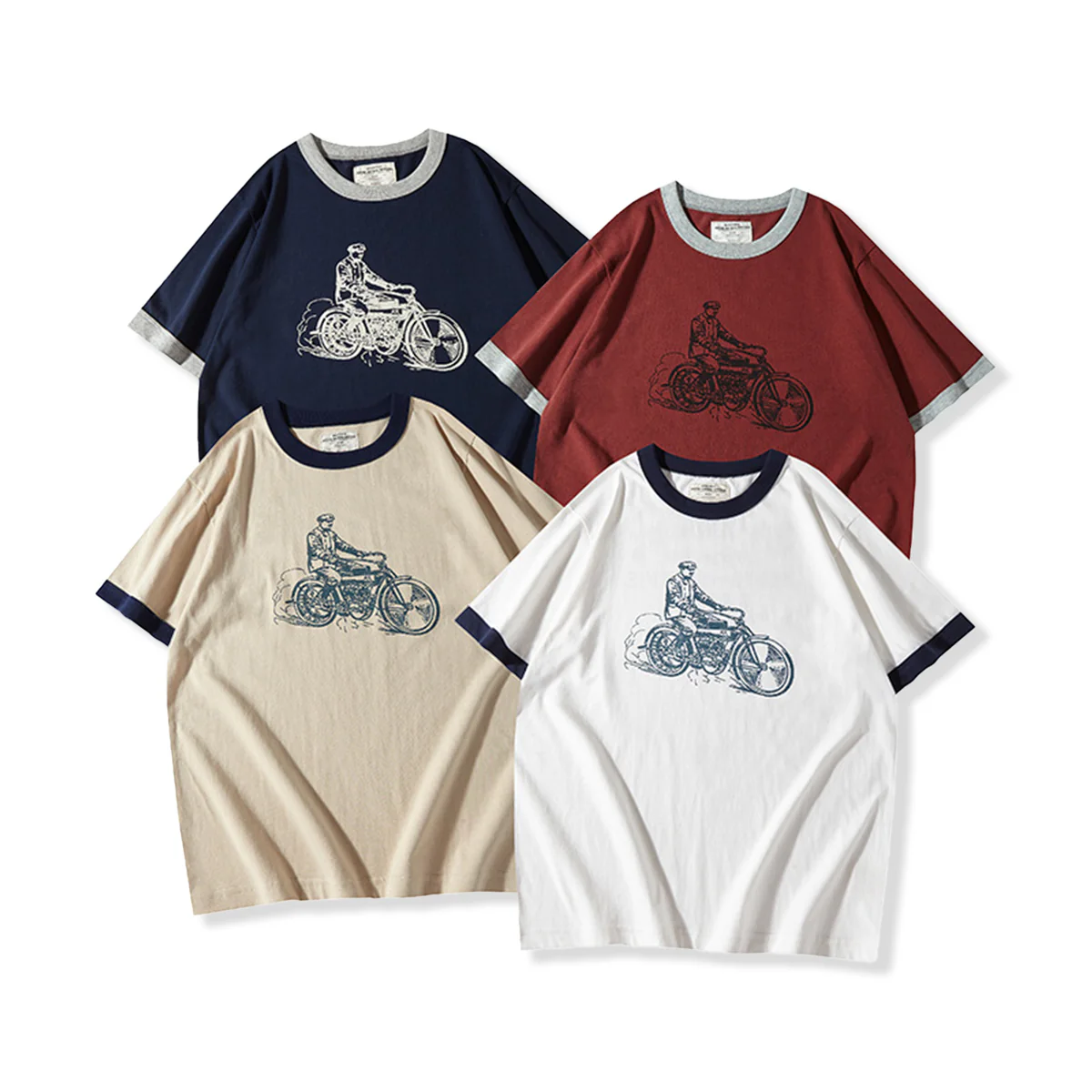 210gヘビーウェイト 手描き風バイクプリントリンガーTシャツ - Image 9