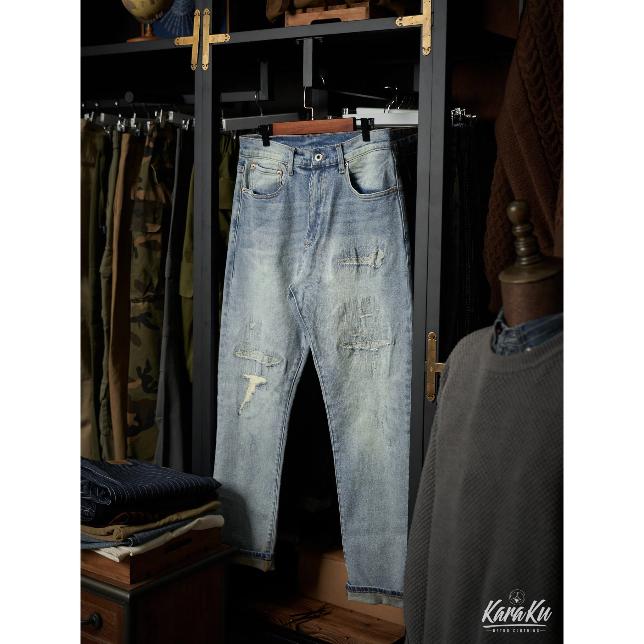 ヘビーウェイト ハンドメイドダメージデニムパンツ - Image 4