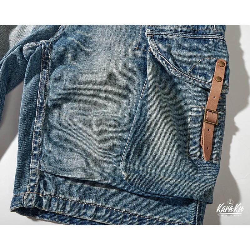 1970's 革バックル付けウォッシュ加工デニムショーツ - Image 11