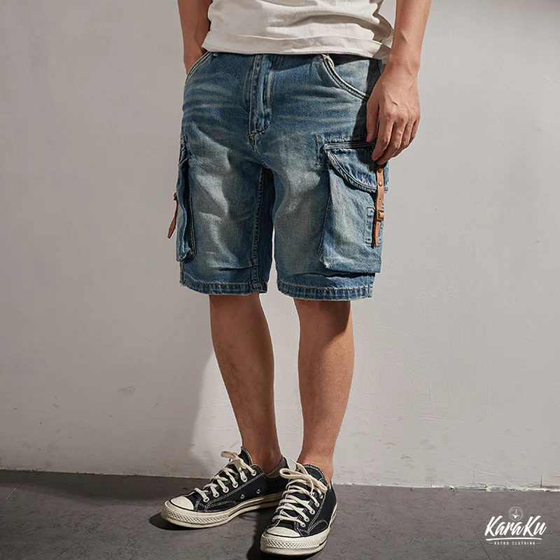 1970's 革バックル付けウォッシュ加工デニムショーツ - Image 4