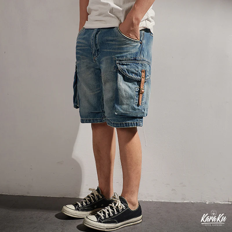 1970's 革バックル付けウォッシュ加工デニムショーツ - Image 5