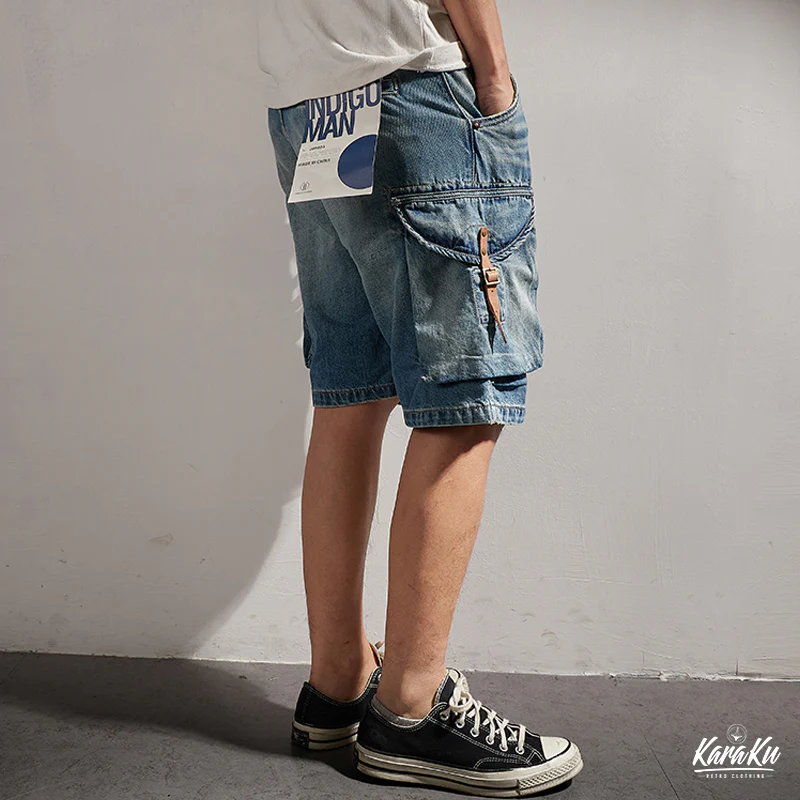 1970's 革バックル付けウォッシュ加工デニムショーツ - Image 6