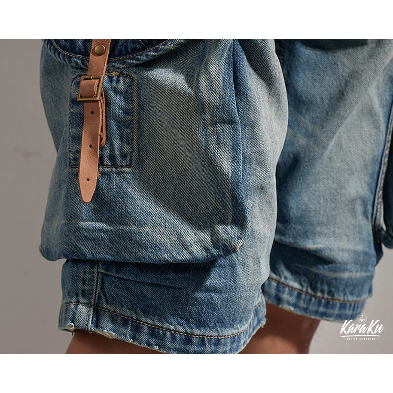 1970's 革バックル付けウォッシュ加工デニムショーツ - Image 7