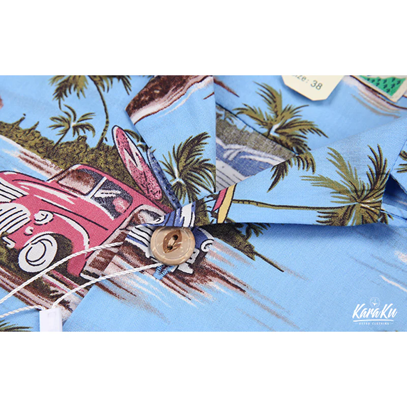HAWAII ALOHA「ヤシの木・レトロカー・サーフボード」アロハシャツ - Image 6