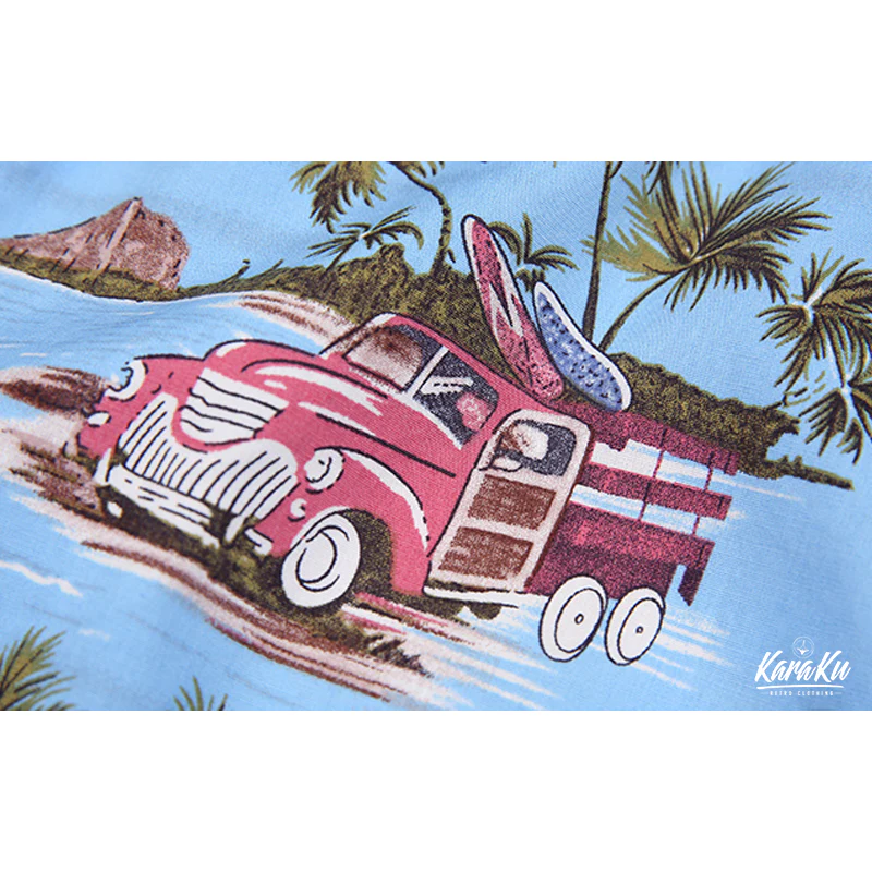 HAWAII ALOHA「ヤシの木・レトロカー・サーフボード」アロハシャツ - Image 9