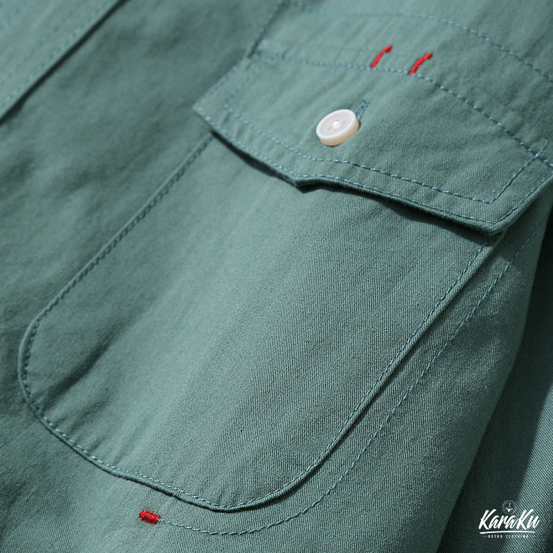 「Spring special」四色展開 レッドステッチ切替無地長袖シャツ - Image 10