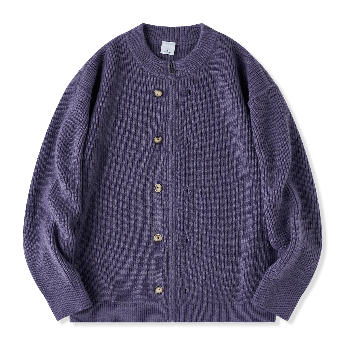 Button&Zipper 4色展開リブ編みニットカーディガン