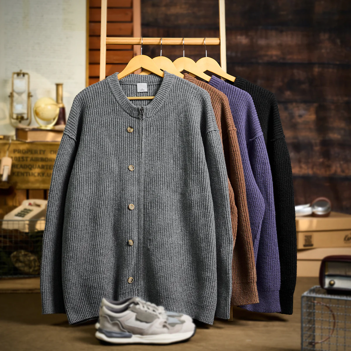 Button&Zipper 4色展開リブ編みニットカーディガン - Image 6