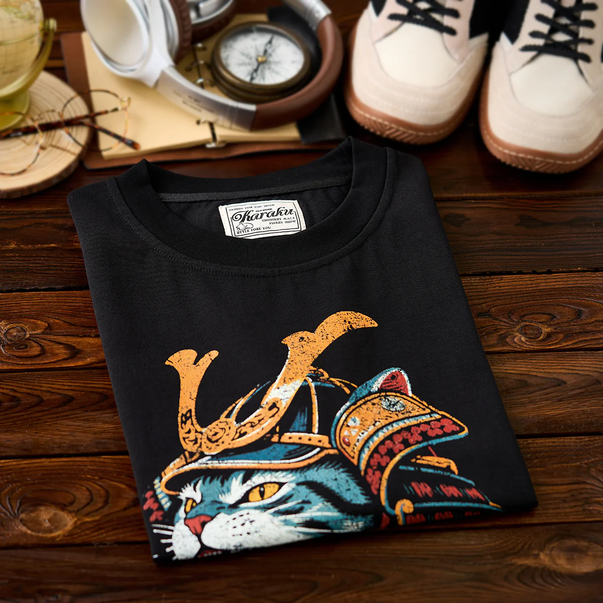 「烈吼ノ幕府将軍猫」プリント&karaku刺繍入りコットンTシャツ - Image 5