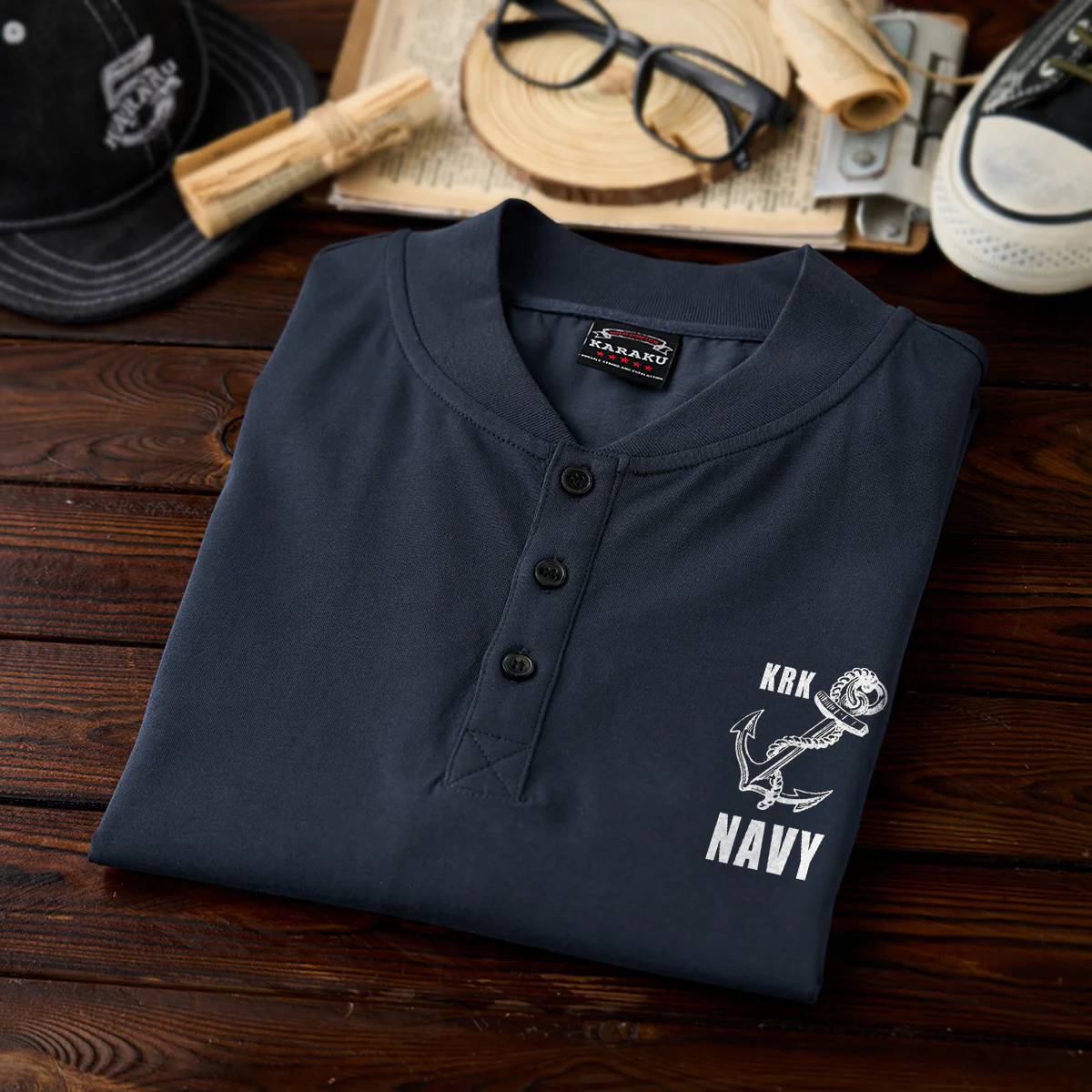 「NAVY」錨プリントコットンヘンリーネックTee - Image 5