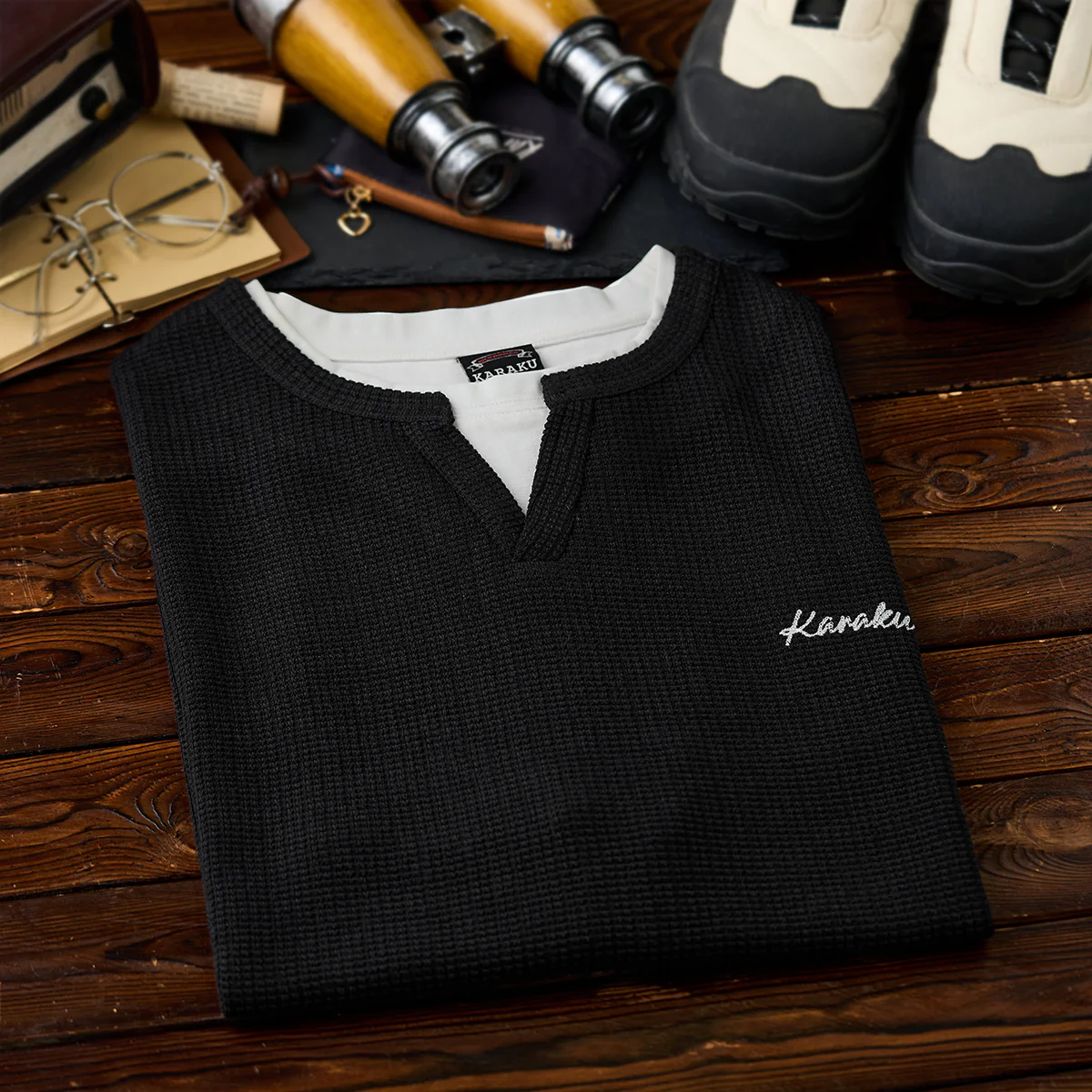 【予約】「KaraKu」ロゴ刺繍 フェイクレイヤードワッフルテクスチャTee - Image 6