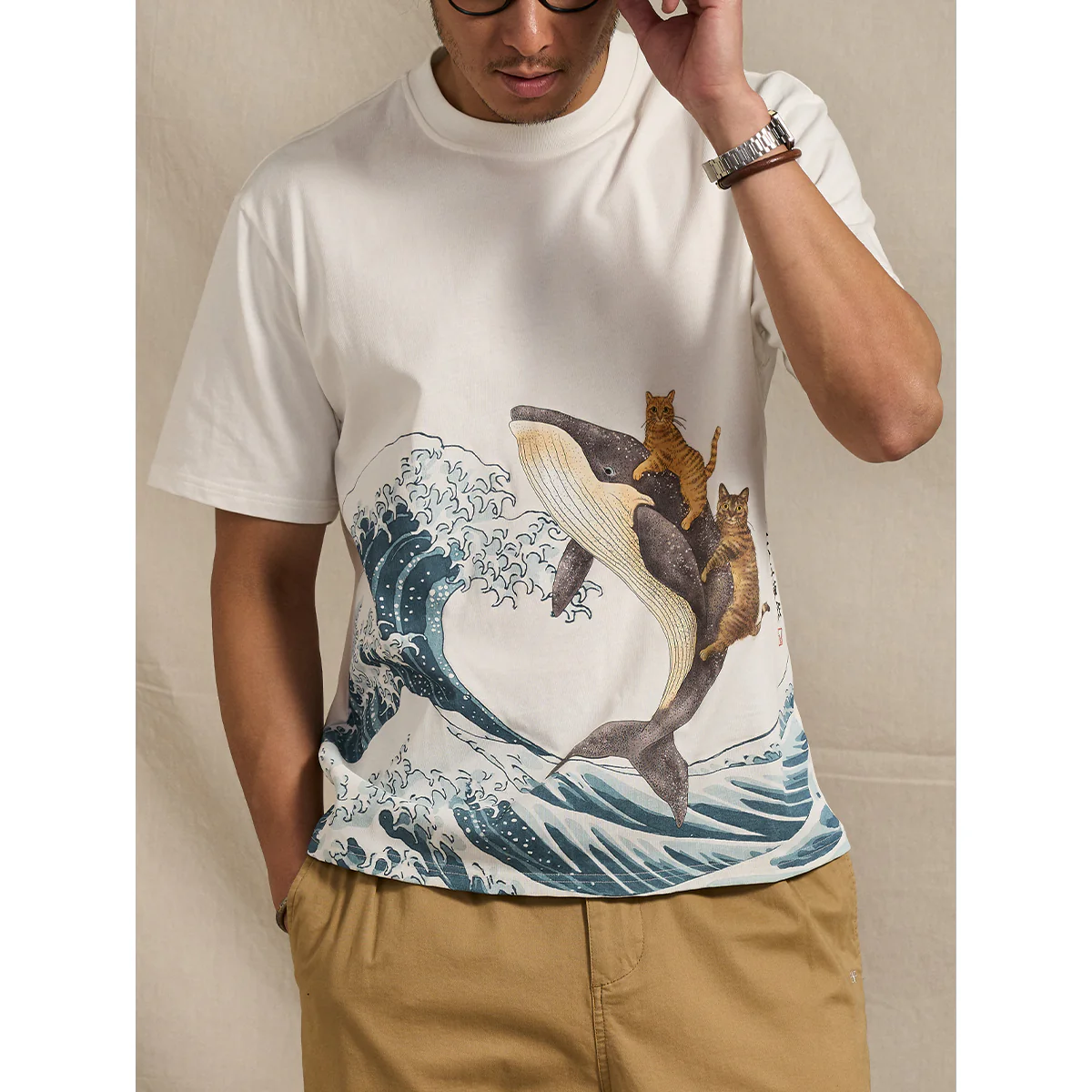 「KaraKux365CAT.ART」鯨と泳ぐ猫 浮世絵柄コットンTee - Image 6