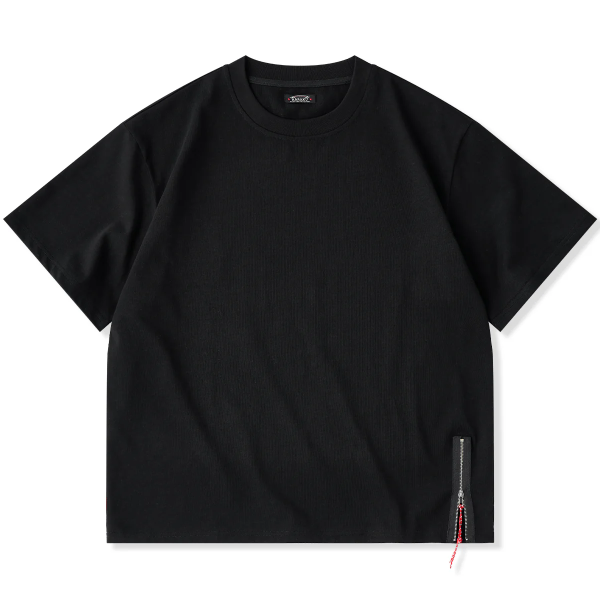紅白ヒモ付きサイドジップ オールブラックコットンベーシックTee