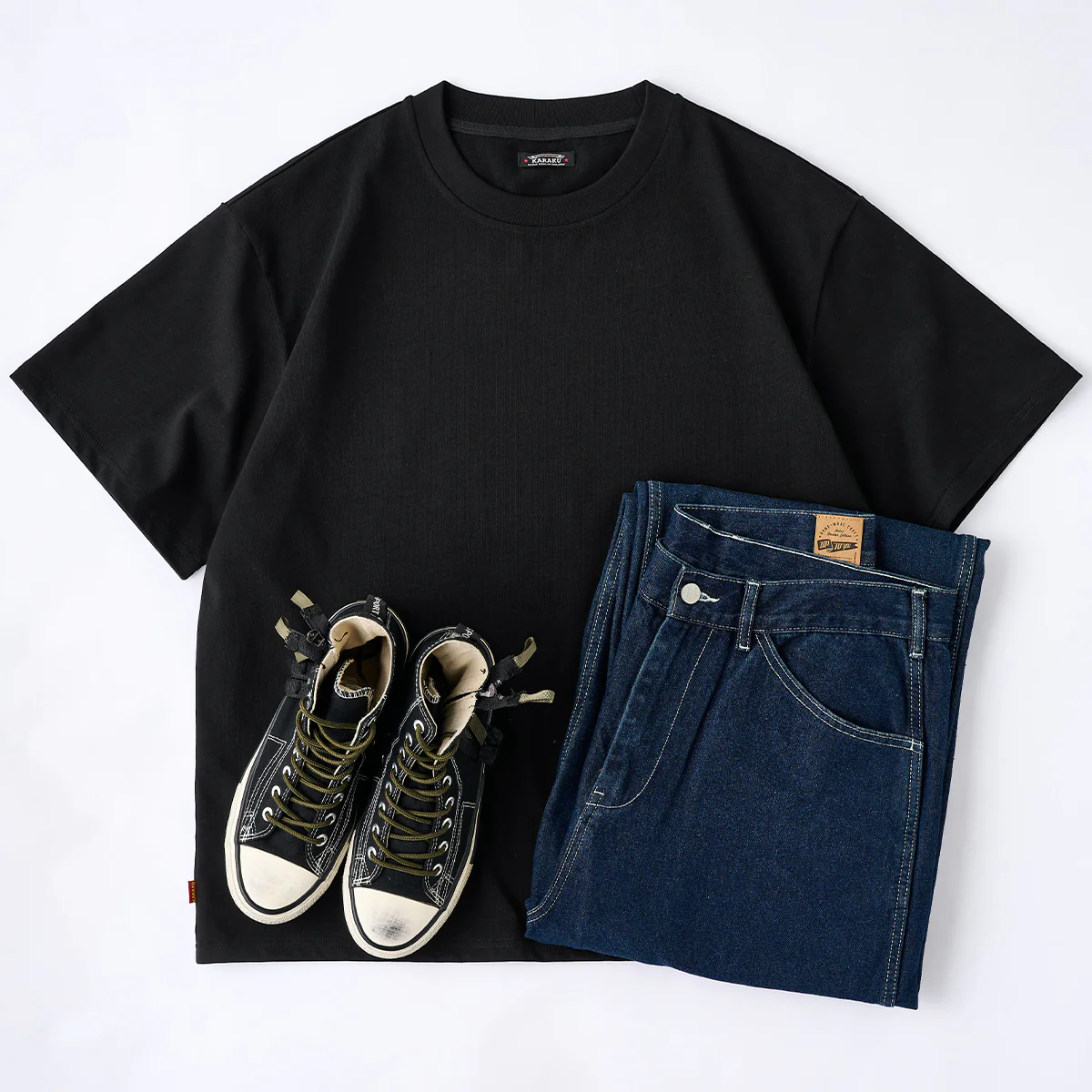 紅白ヒモ付きサイドジップ オールブラックコットンベーシックTee - Image 16