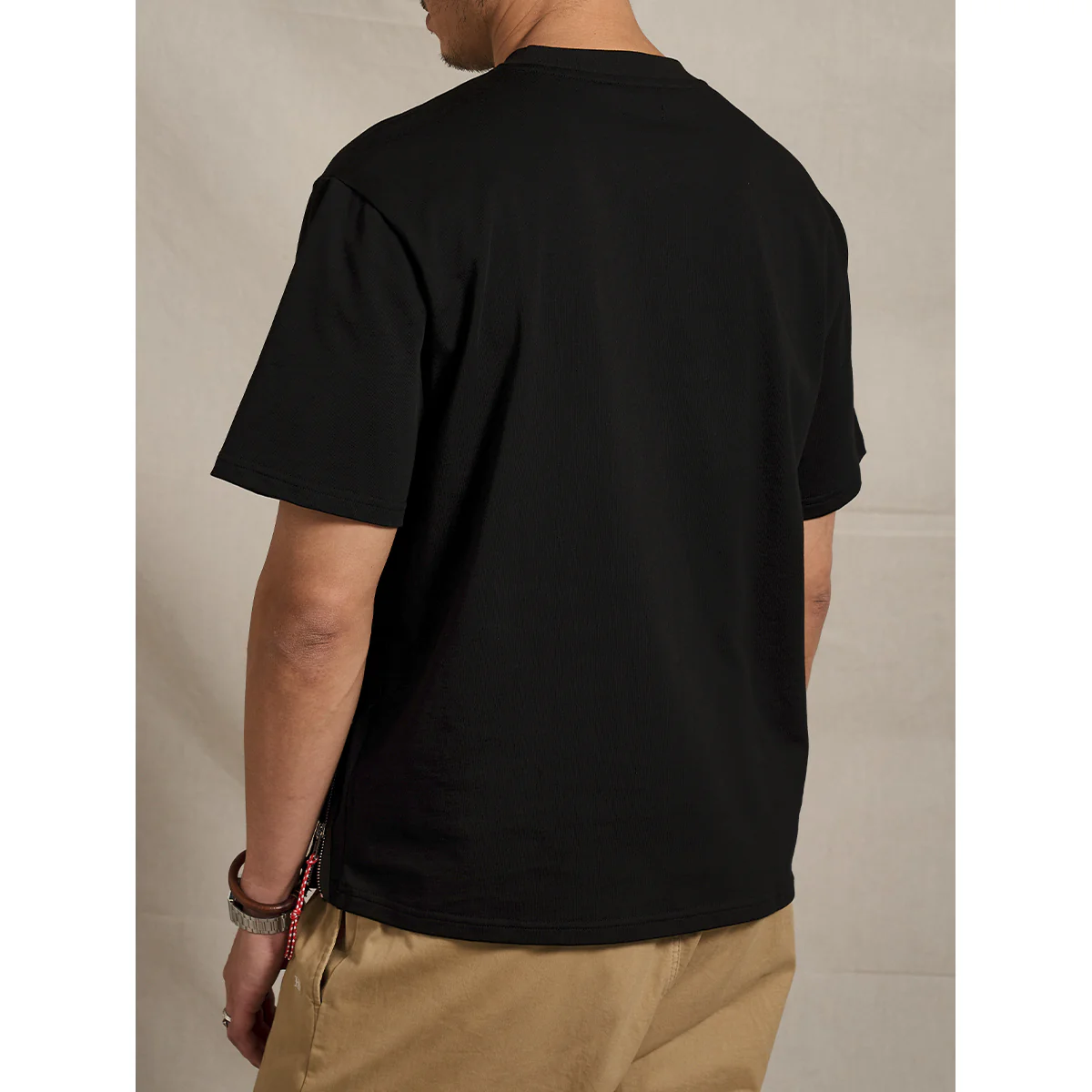 紅白ヒモ付きサイドジップ オールブラックコットンベーシックTee - Image 8