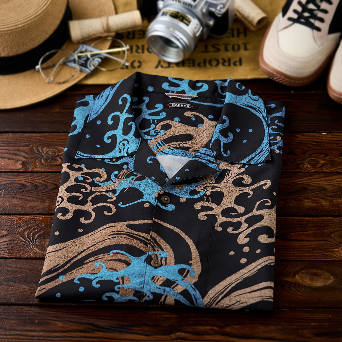 浮世絵「熊谷次郎直実 市川団十郎」着物柄・波模様オープンカラーシャツ - Image 5