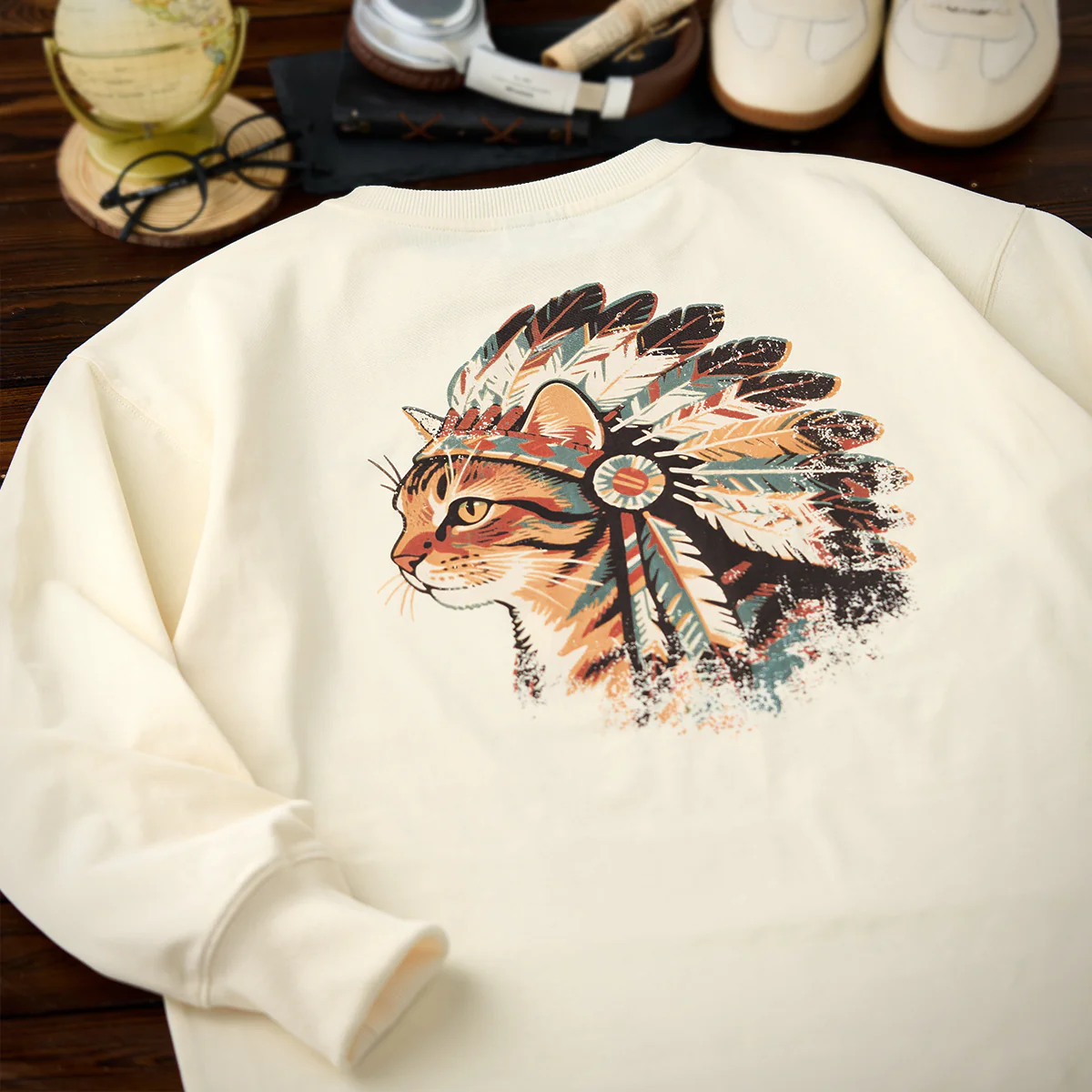 「インディアン酋長猫」プリント＆karaku刺繍入りコットンロンT - Image 5