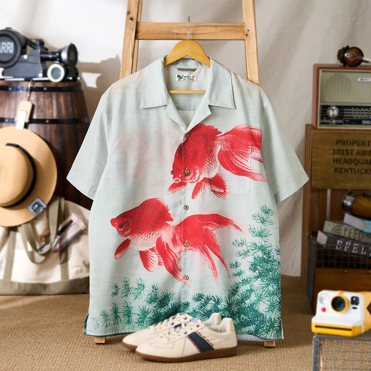 「夏水金魚図」浮世絵風プリント入りキューバカラーシャツ - Image 3