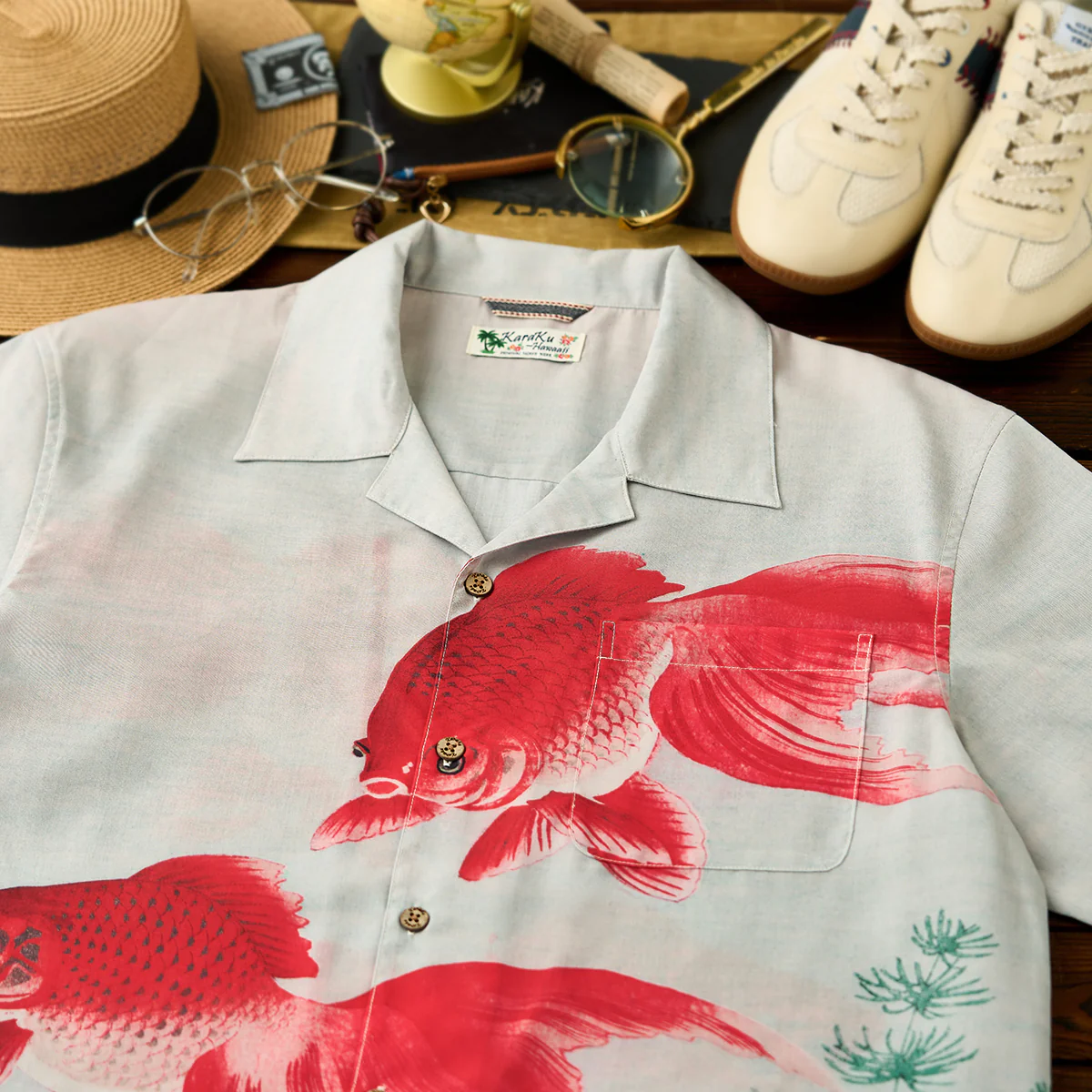「夏水金魚図」浮世絵風プリント入りキューバカラーシャツ - Image 4