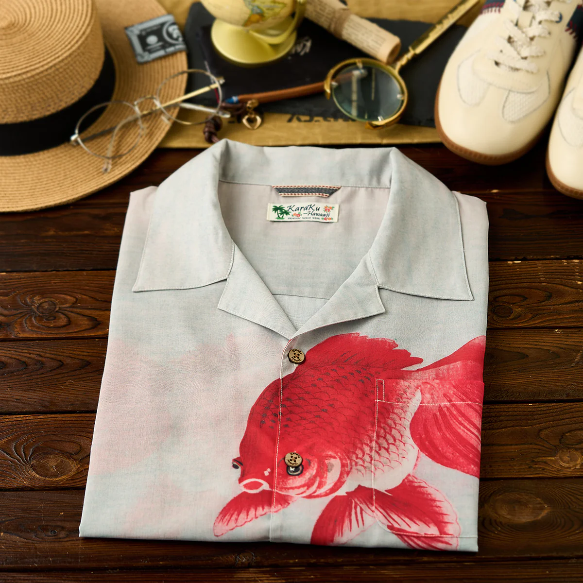 「夏水金魚図」浮世絵風プリント入りキューバカラーシャツ - Image 5