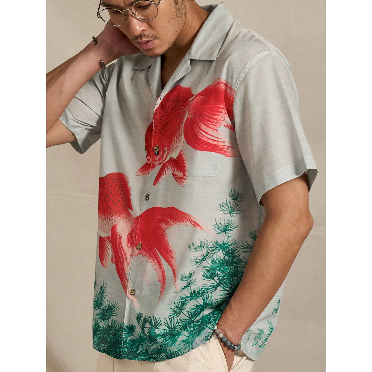「夏水金魚図」浮世絵風プリント入りキューバカラーシャツ - Image 7