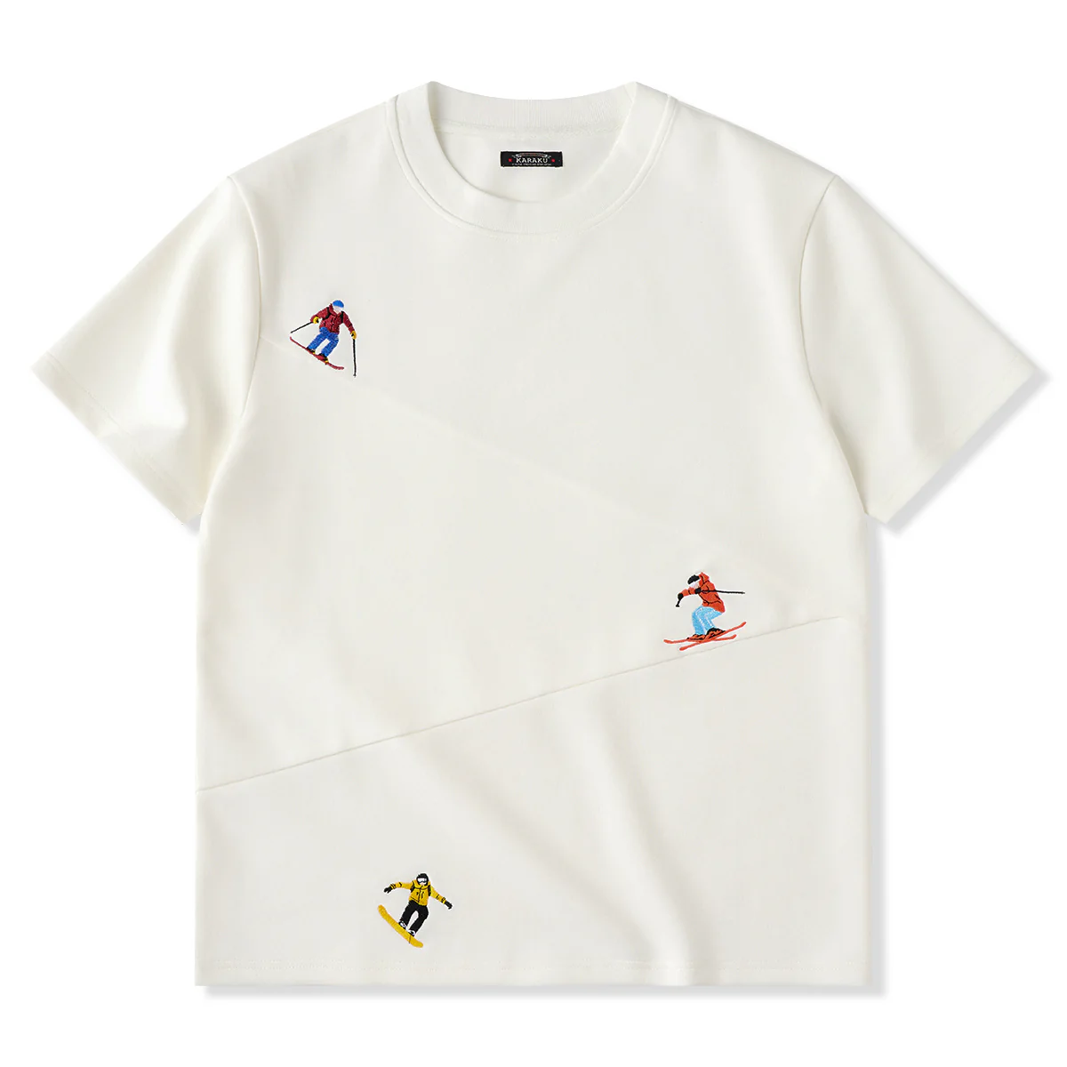 「雪山のスキーヤー」刺繍入り綿混紡切替Tシャツ
