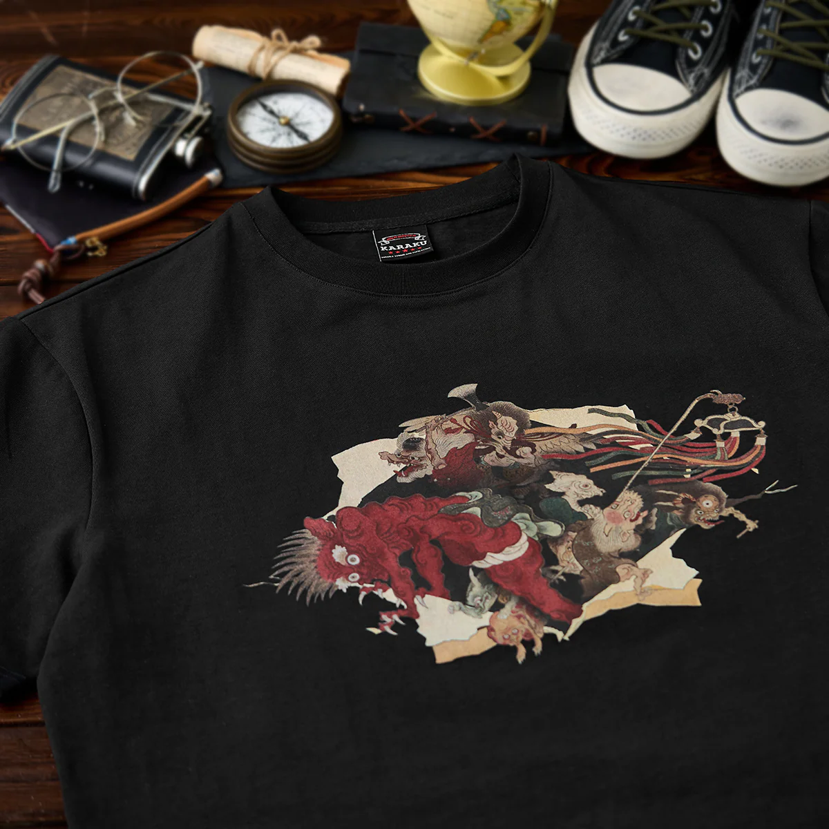 室町時代「妖怪が絵巻を破り出る」浮世絵風プリントコットンTee - Image 4