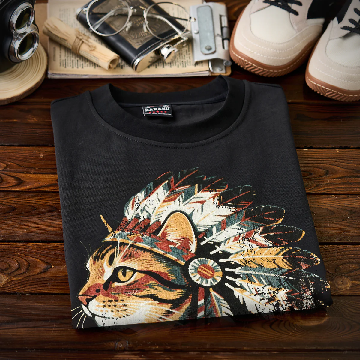 「インディアン酋長猫」プリント&karaku刺繍入りコットンTシャツ - Image 5