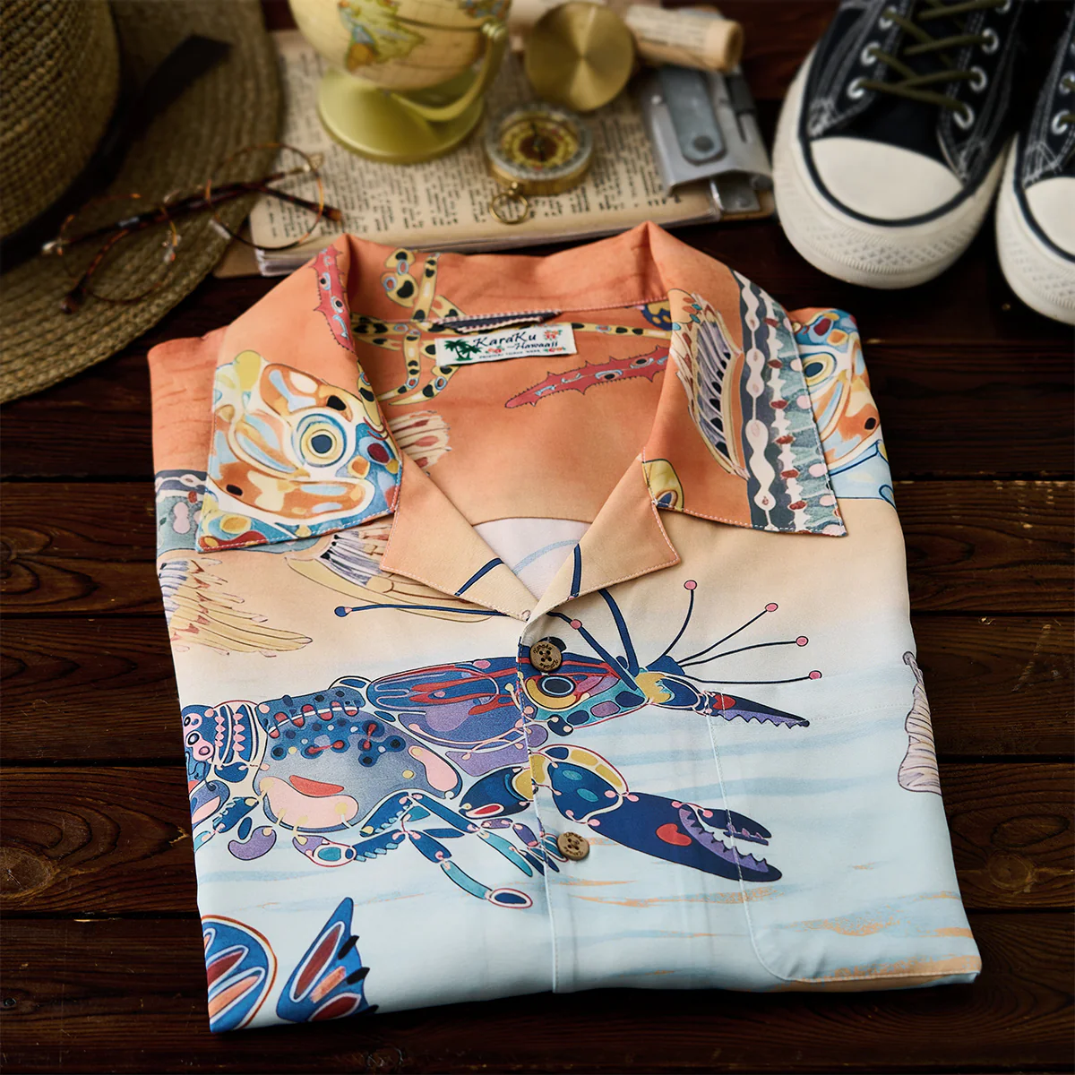 「夕暮れの海底」レトロ水彩風プリント入りアロハシャツ - Image 5
