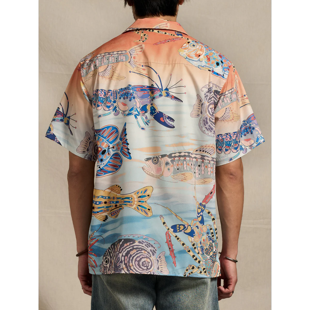 「夕暮れの海底」レトロ水彩風プリント入りアロハシャツ - Image 8