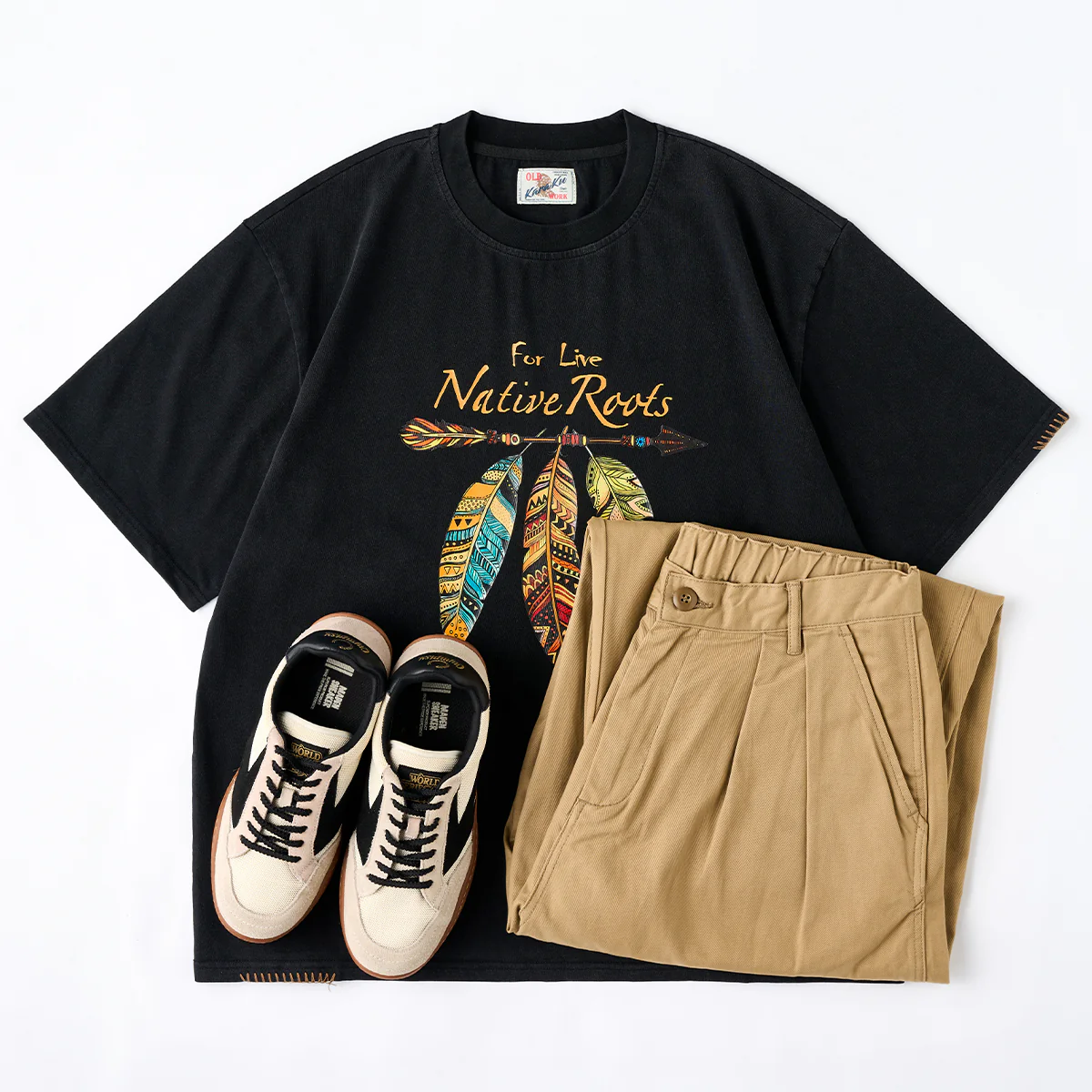 飾りステッチ ナバホ風のフェザープリントコットンTee - Image 17