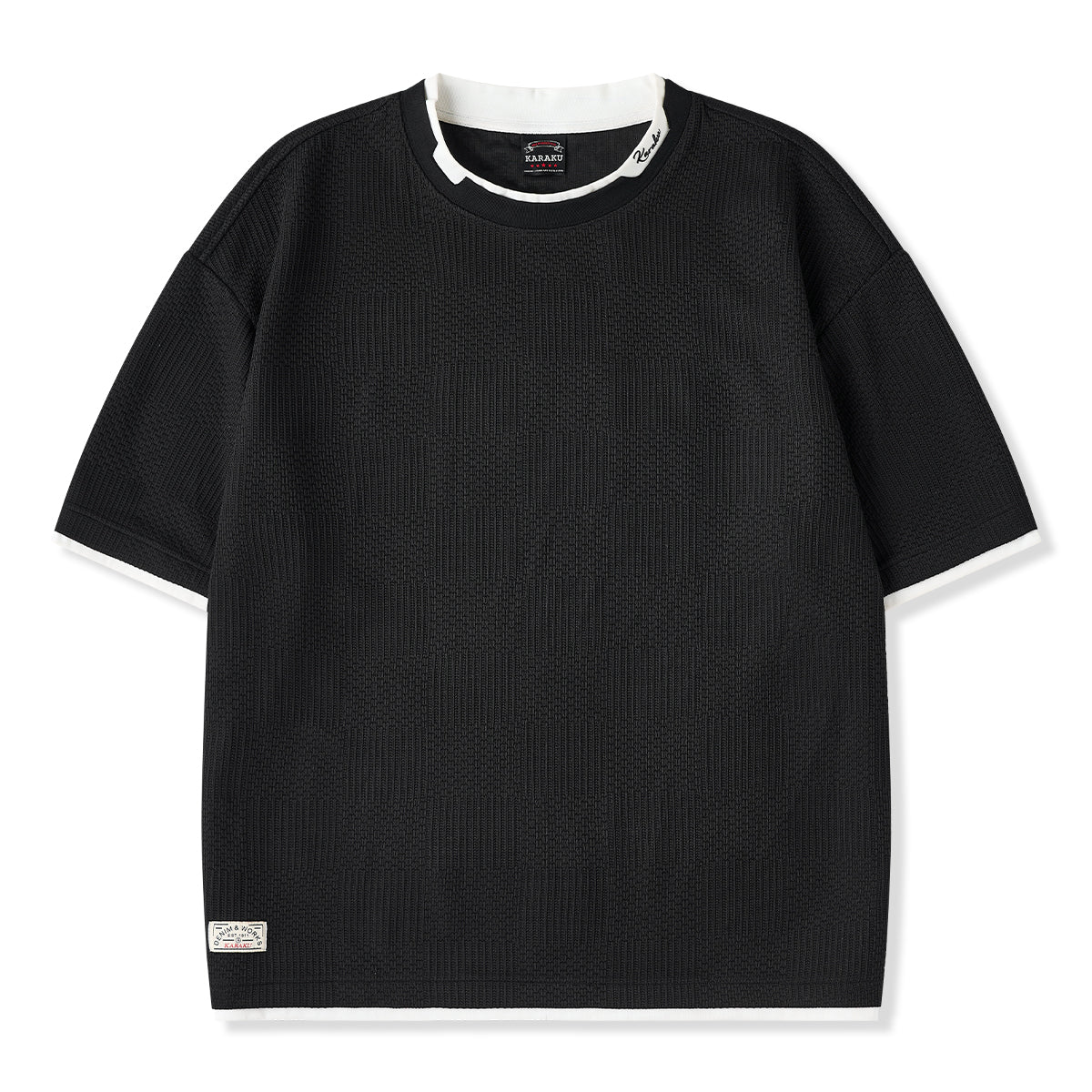 「KaraKu」ロゴ刺繍 フェイクレイヤードダイヤ柄ジャガードニットTee