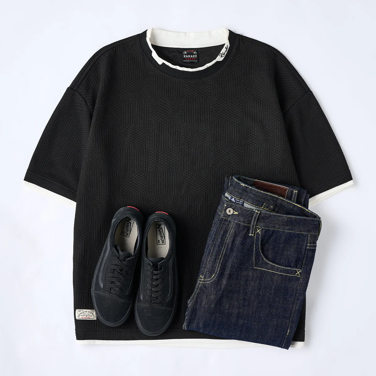 「KaraKu」ロゴ刺繍 フェイクレイヤードダイヤ柄ジャガードニットTee - Image 17