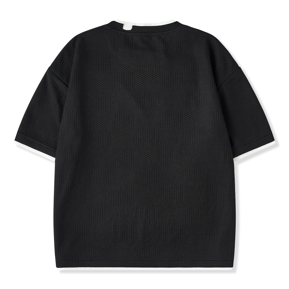 「KaraKu」ロゴ刺繍 フェイクレイヤードダイヤ柄ジャガードニットTee - Image 2