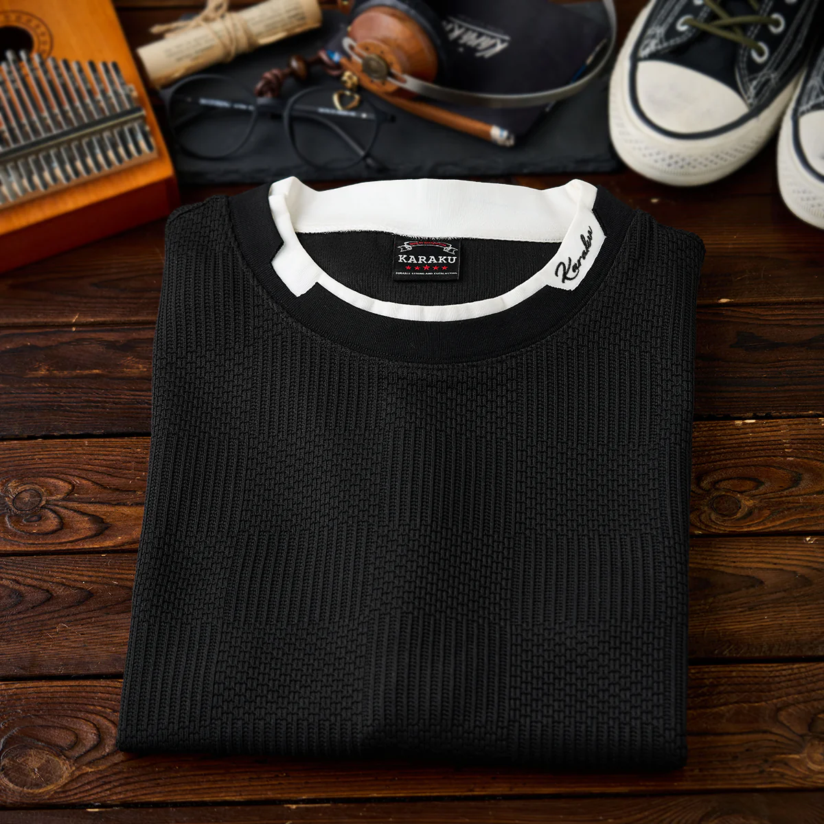 「KaraKu」ロゴ刺繍 フェイクレイヤードダイヤ柄ジャガードニットTee - Image 5