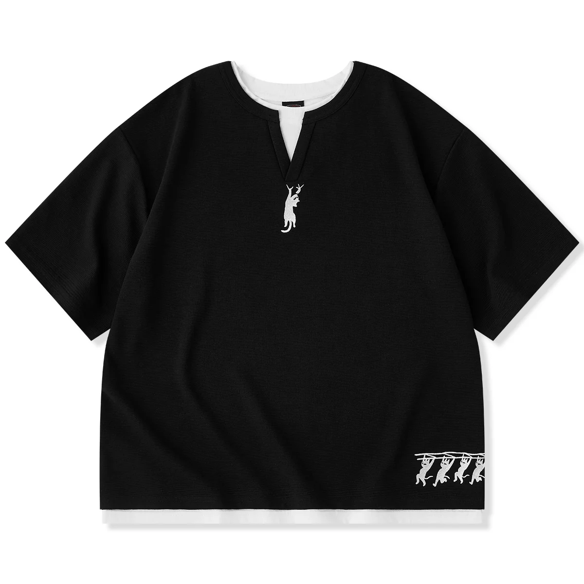 【予約】「猫のレスキュー隊」刺繡入り フェイクレイヤードミニワッフルTee