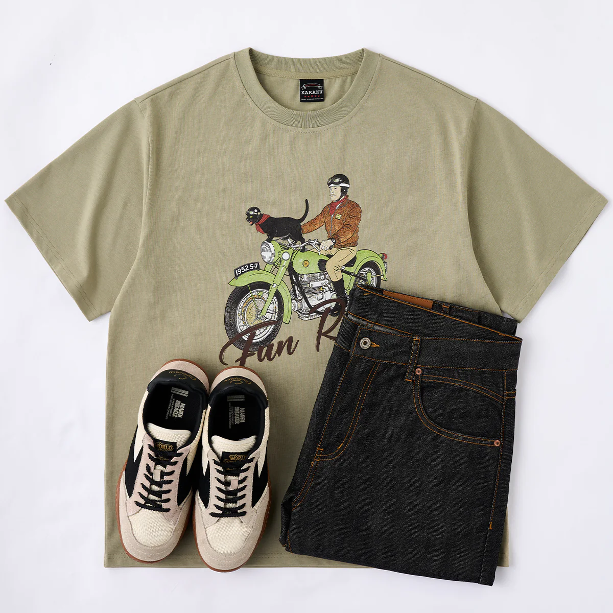 【予約】「風を切る猫と相棒ライダー」プリント入り半袖コットンTee - Image 13