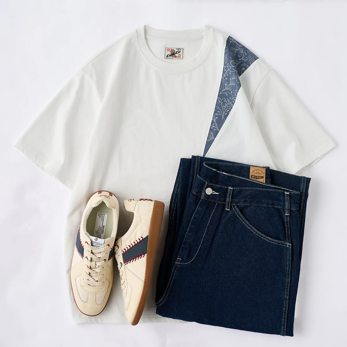 フェイクデニムペイズリー柄パッチ切替コットンTシャツ - Image 15