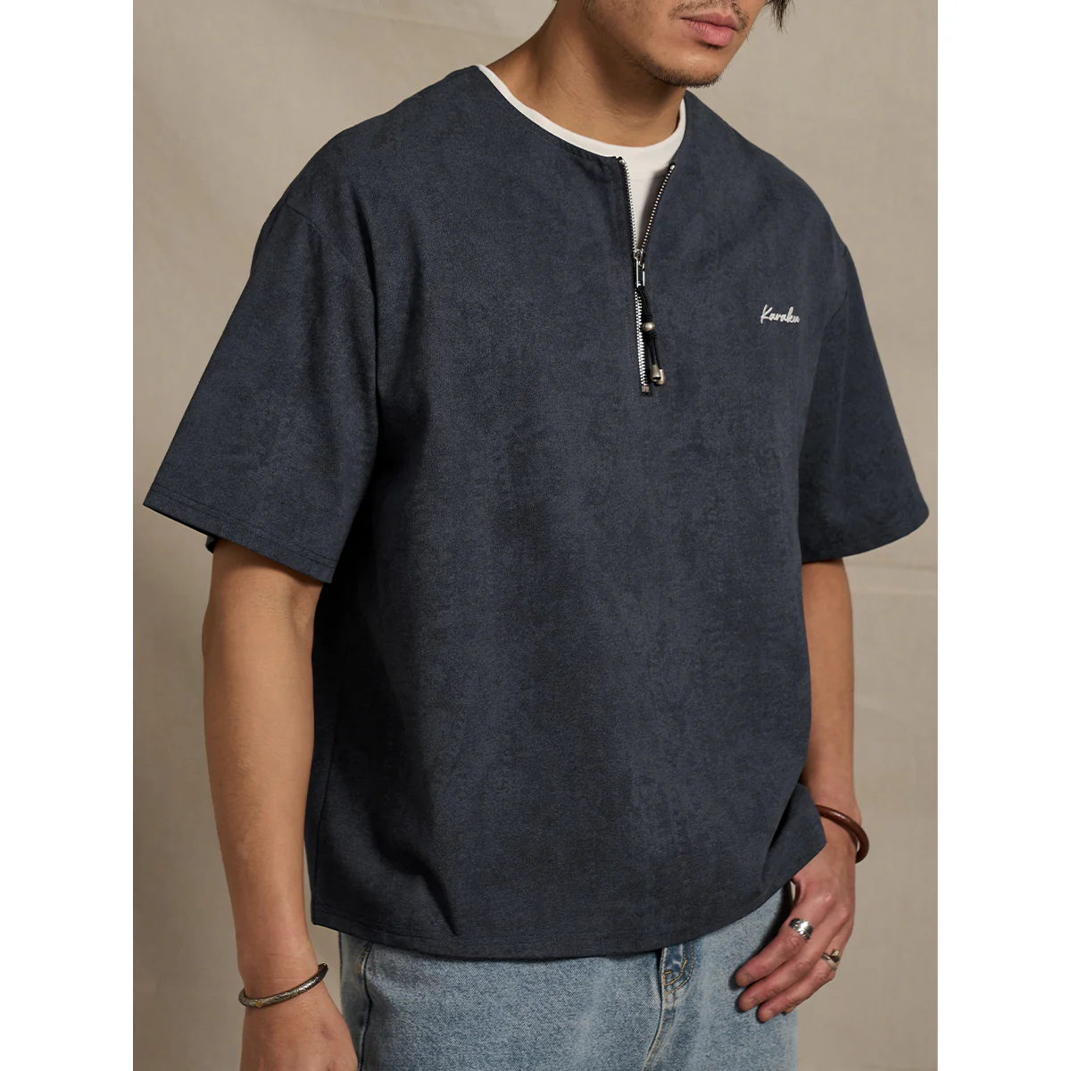 SORONA®涼感機能 刺繡入りハーフジップフェイクレイヤードTee - Image 7