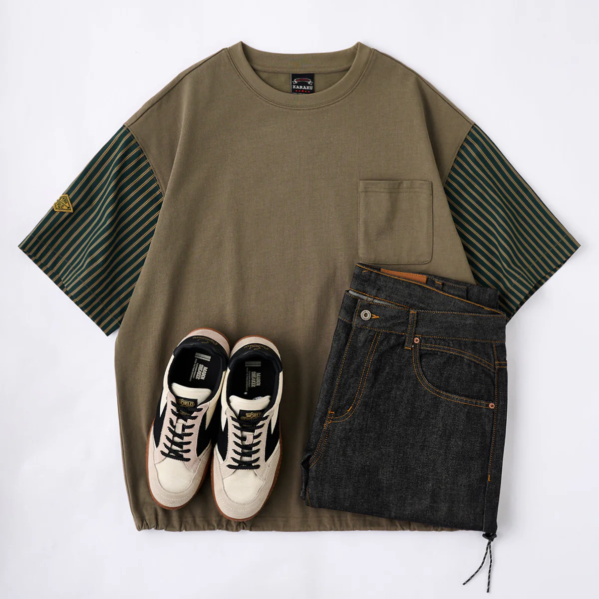 【予約】裾ドローコード付き　レトロストライプ柄袖切り替えコットンTee - Image 15