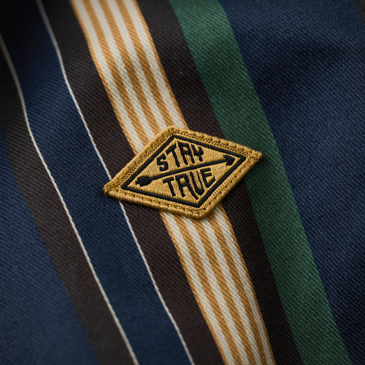 「STAY TRUE」刺繍ワッペン デニム襟切替マルチストライプジャケット - Image 14