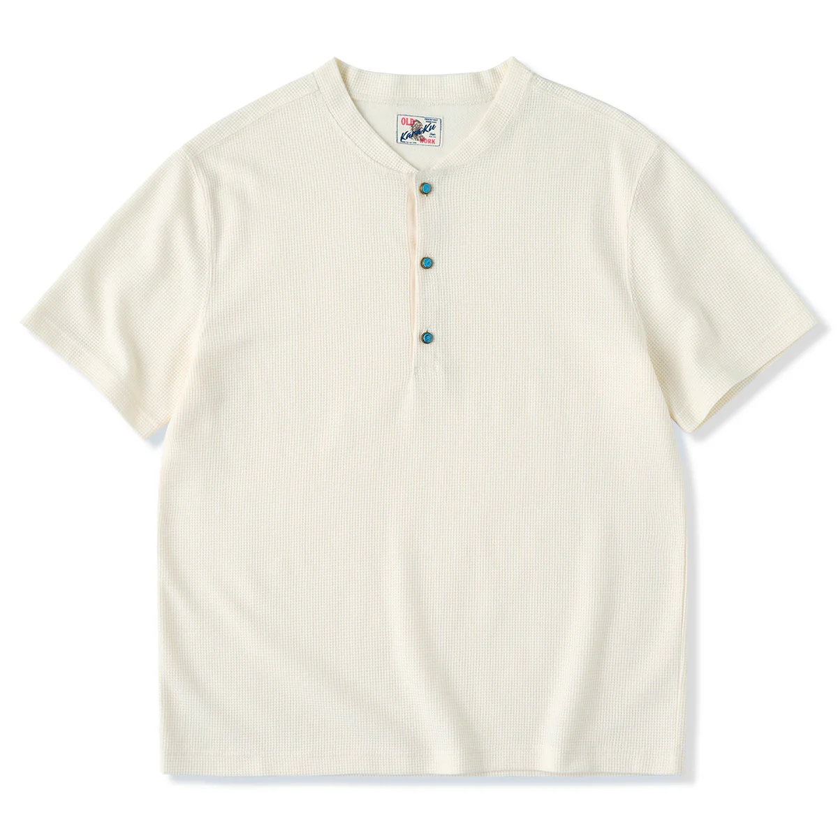 ターコイズ風ボタン付き ワッフルヘンリーTシャツ